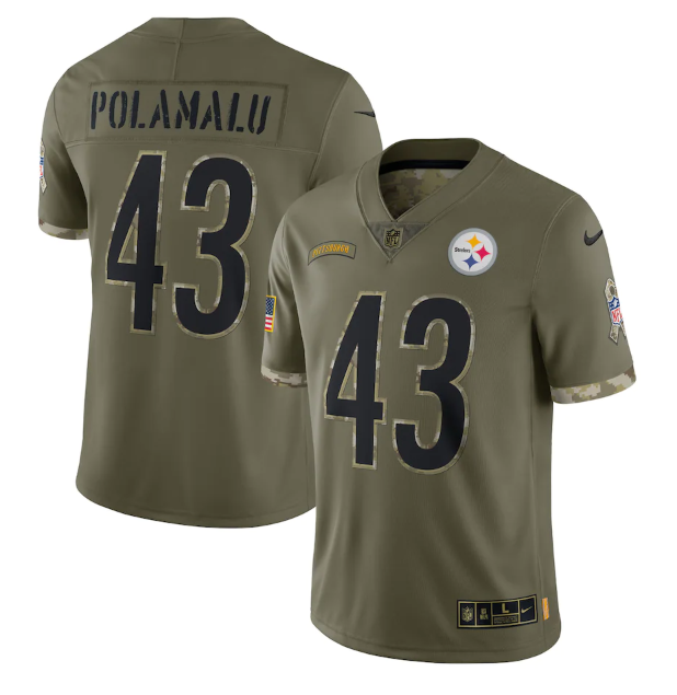 Men's Pittsburgh Steelers #43 Troy Polamalu Olive 2022 Salute To Service Limited Stitched Jersey